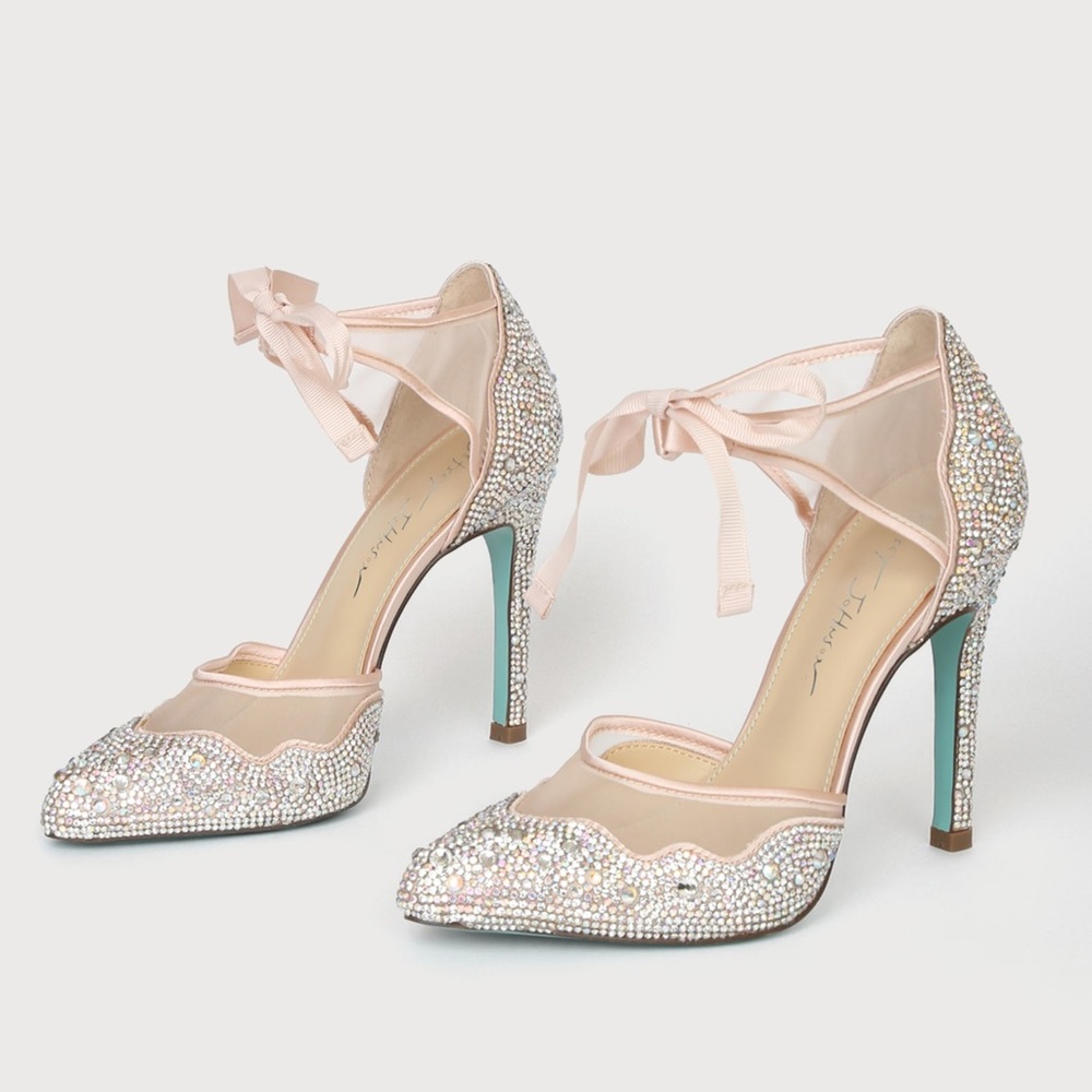 Betsey Johnson Women's Heels - size 8.5 Iris champagne rhinestone ankle strap